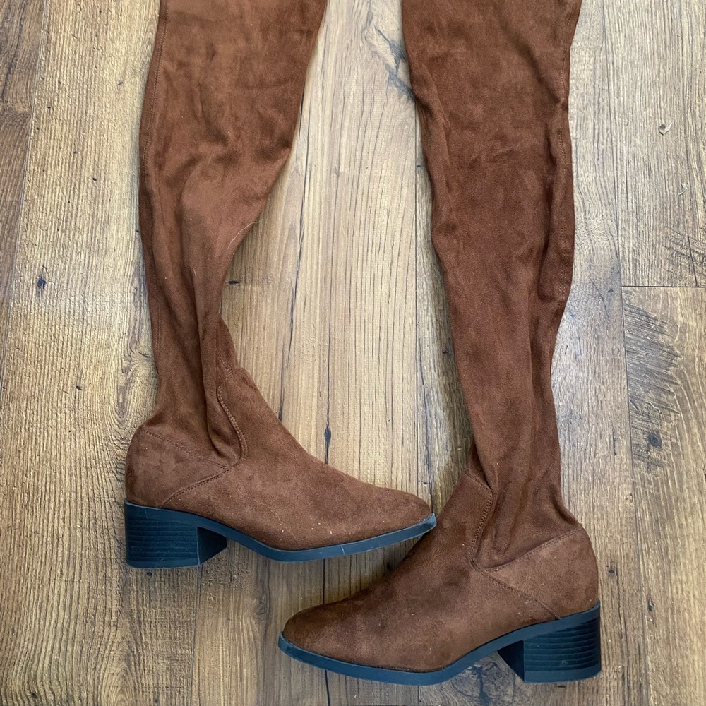 Brown faux suede thigh high boots